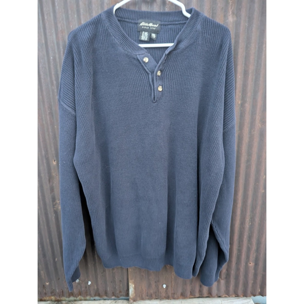 Vintage LL Bean Henley Sweater Men Large Navy 100% Cotton Knit USA Classic Dad